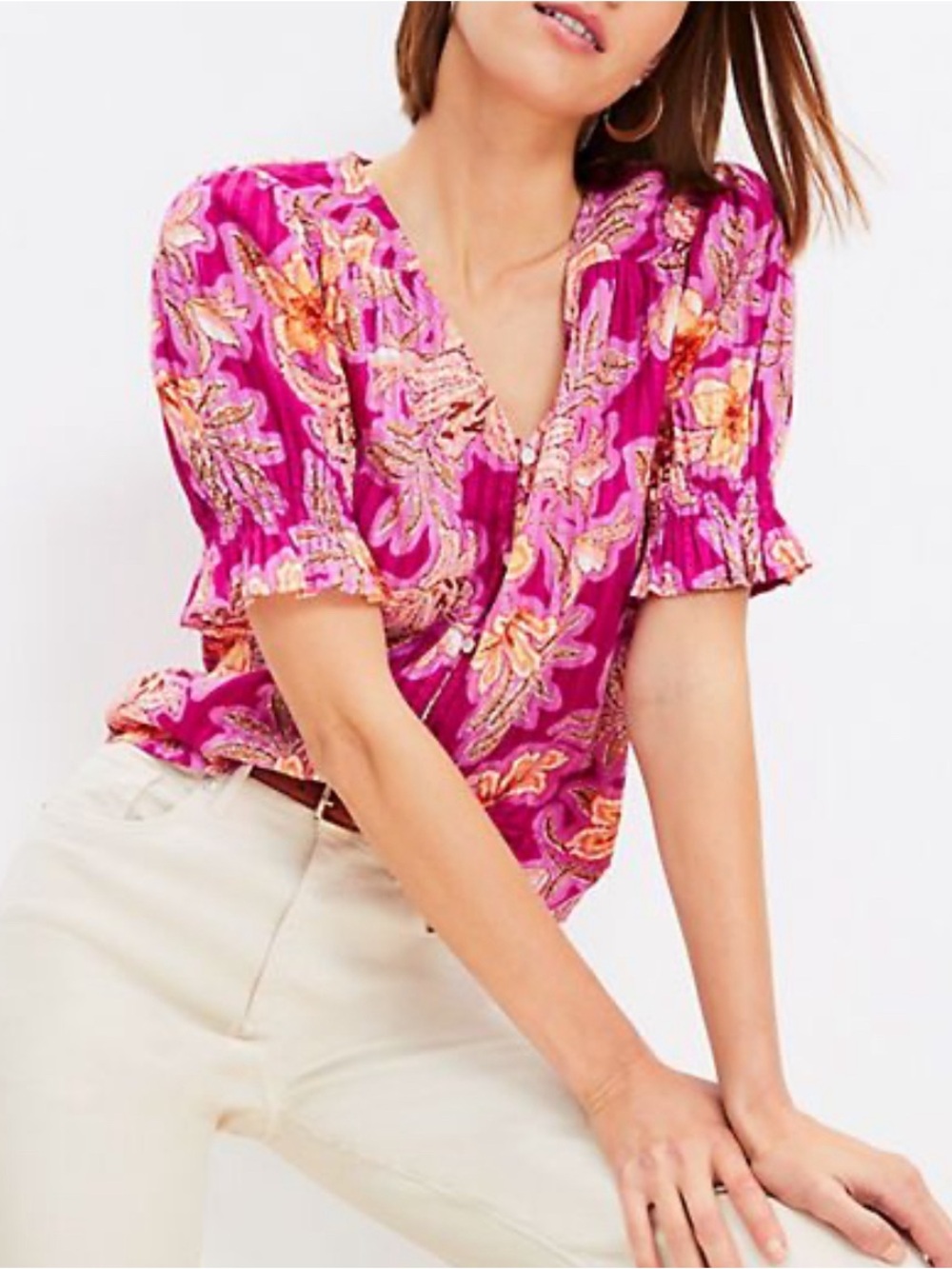 LOFT Mosaic Puff Sleeve Floral Textured Button-Front Women's Top Blouse XL
